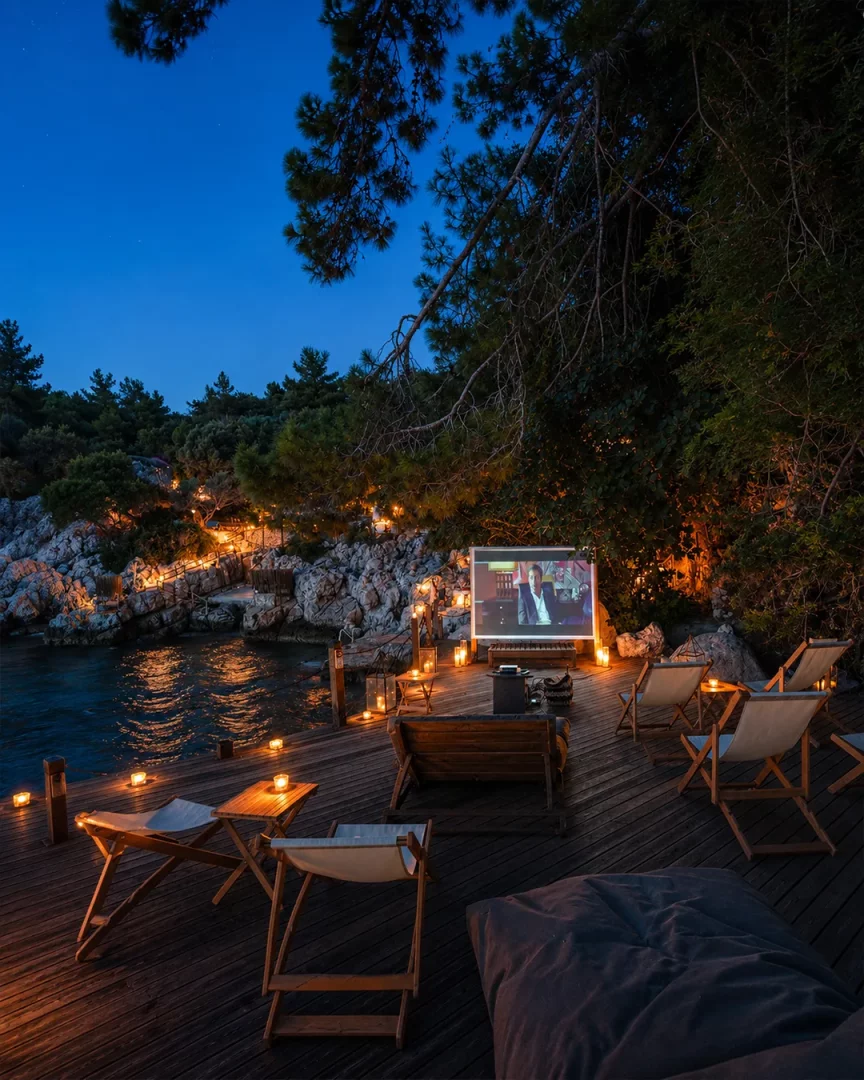 Faralya'daki Perdue Hotel'de, denizin kenarında, mum ışıklarıyla romantik bir atmosferde aydınlatılmış ahşap bir iskele üzerinde, geniş ekranda film izlemek için hazırlanmış rahat sandalyeler ve minderlerle donatılmış büyüleyici bir açık hava sineması görüntüsü.