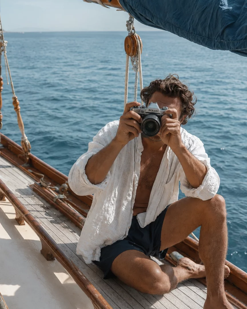 Bir teknede eğilmiş, denize bakarken eski model bir Nikon fotoğraf makinesiyle fotoğraf çeken, salaş beyaz keten gömleği ve koyu renk şortuyla genç bir adam, güneşli bir günde rahat plaj modasının keyfini çıkarıyor.