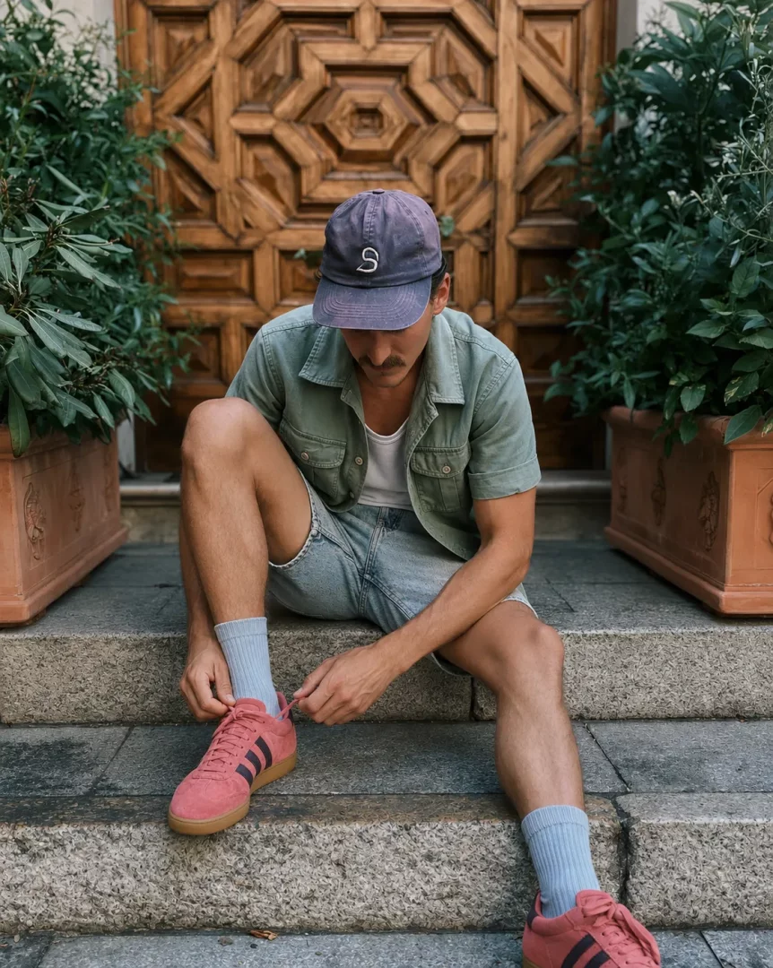 Oymalı ahşap bir kapının ve yeşil bitkilerin önündeki taş merdivenlerde oturan, pembe retro sneaker ayakkabısının bağcıklarını bağlayan şapkalı bir erkek, denim şortu ve yeşil gömleğiyle rahat ve şık bir erkek sneaker kombini sunuyor.
