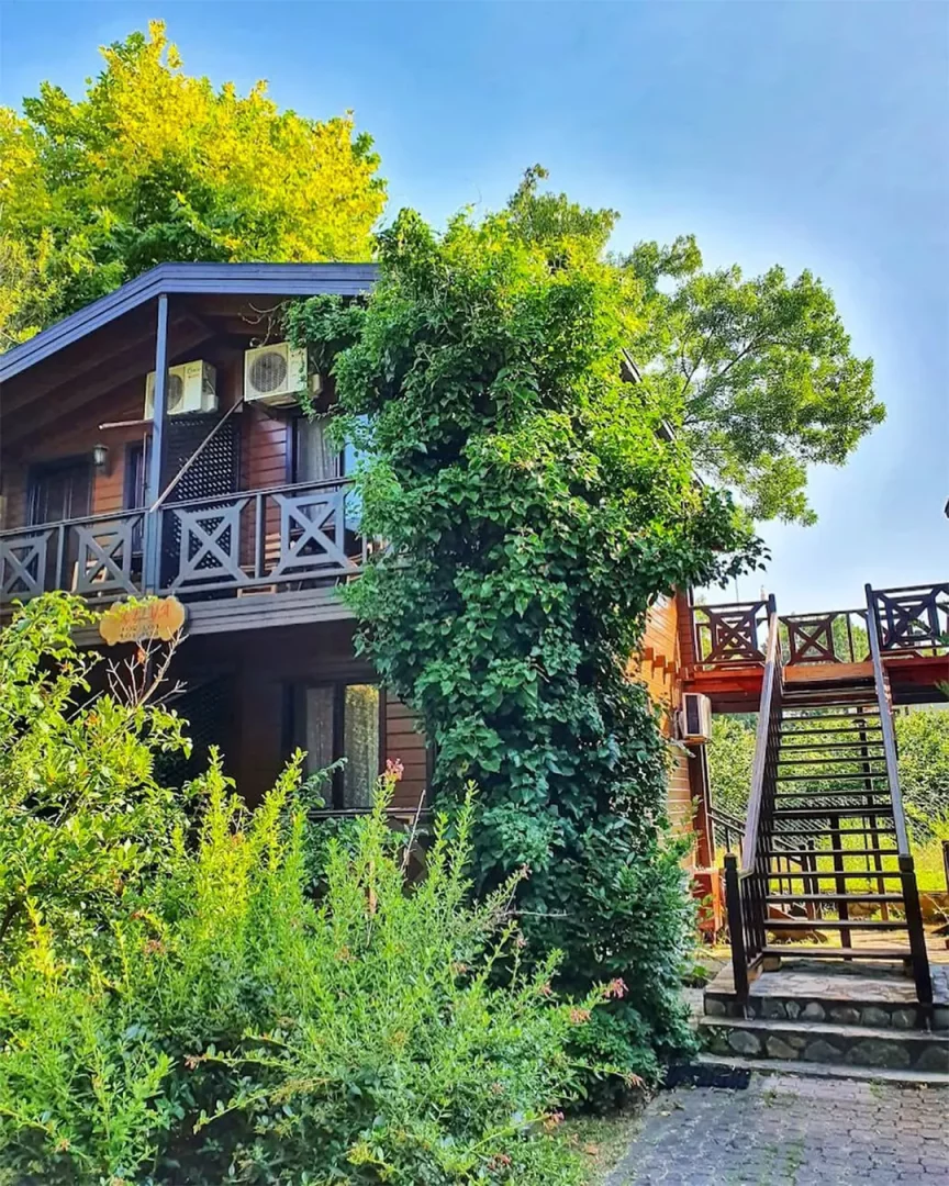 Ağva'daki Robins Nest eko-tesisine ait, ahşap mimarisi ve yemyeşil bitki örtüsüyle çevrili, üst katında balkonlu odaları ve sağda ahşap merdivenleri görünen rustik bir bina, parlak mavi gökyüzü altında huzurlu bir atmosfer sunuyor.