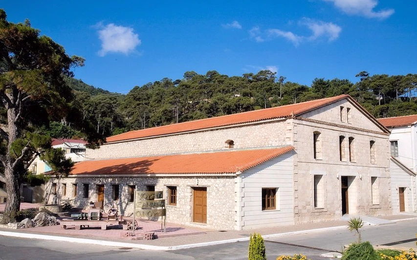 Samos Şarap Müzesi'nin geniş, taş duvarlı ve turuncu kiremit çatılı ana binası ile önündeki eski şarap yapım ekipmanları ve Yunanca müze tabelası, yemyeşil çam ağaçlarıyla kaplı bir tepenin önünde, masmavi gökyüzü altında gün ışığında görünüyor.