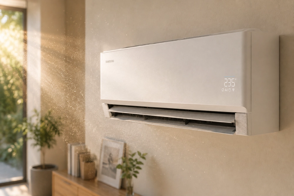 Aydınlık bir odada açık renkli duvara monte edilmiş, dijital ekranında 23.5°C gösteren Samsung duvar tipi klima, güneş ışınlarının içinde belirginleşen toz partikülleriyle çevrili havayı PM 1 toz filtresi teknolojisiyle arındırma potansiyelini görsel olarak destekliyor.