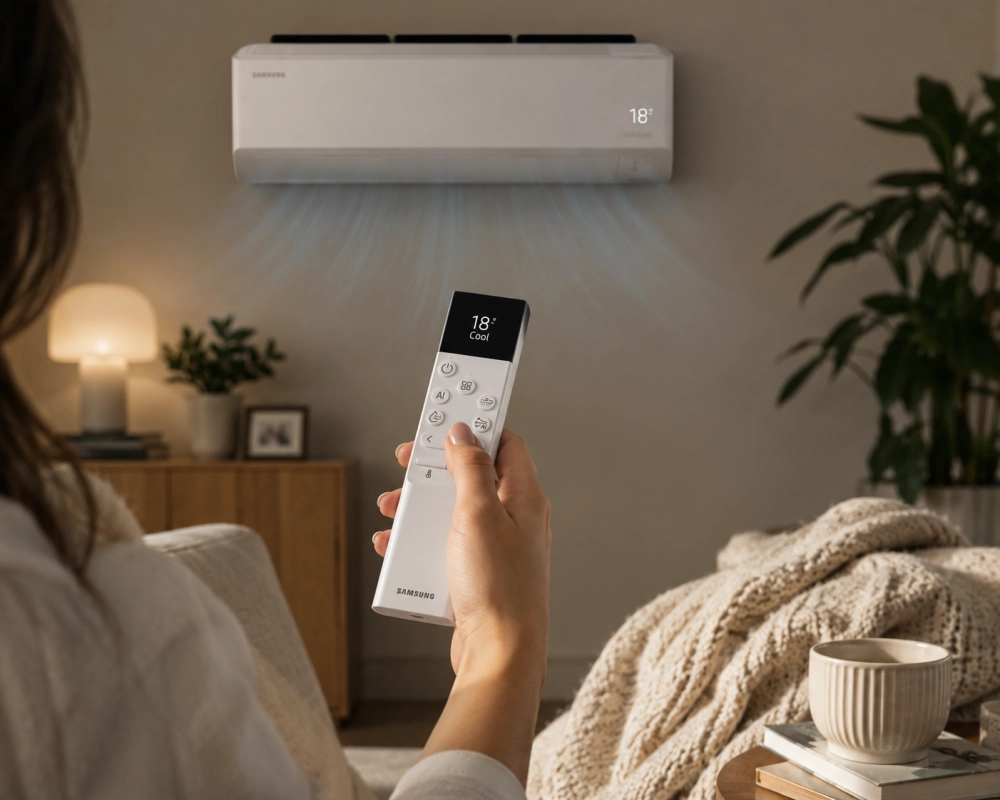 Bir kişi, modern bir oturma odasında duvara monte edilmiş Samsung Bespoke AI WindFree Pro PM duvar tipi klimayı beyaz kumandasıyla 18° olarak ayarlayarak serinletici havayı deneyimliyor, bu da akıllı klima teknolojilerinin kolay kullanımını gösteriyor.