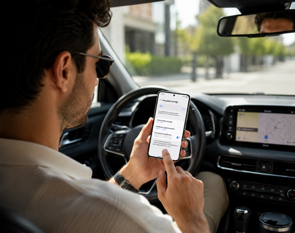 Arabasındaki bir adam, telefonundaki SmartThings uygulaması aracılığıyla evine varmadan önce uzaktan erişimle Hoş Geldin Serinliği özelliğini etkinleştirerek yaşam alanını konforlu bir şekilde serinletmeye hazırlanıyor.