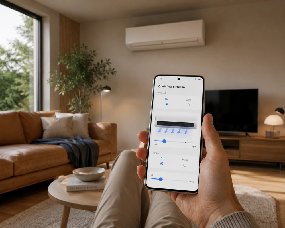 Bir kişi, modern bir oturma odasında rahat bir şekilde uzanırken elindeki telefonla duvara monte edilmiş bir klimanın hava akış yönünü SmartThings uygulaması üzerinden hassas bir şekilde ayarlıyor, ekranda ise klimadan yayılan mavi hava akışı okları net bir şekilde görülüyor.
