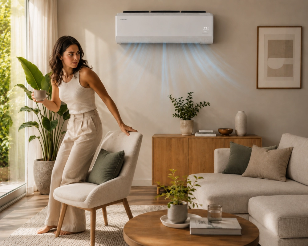 Modern, aydınlık bir oturma odasında, bej giysili bir kadın elinde fincanla sandalyeye yaslanmış sağa bakarken, duvara monte edilmiş beyaz bir Samsung Bespoke AI WindFree Pro PM duvar tipi klima, 23 dereceyi gösteren ekranıyla WindFree rüzgarsız serinlik sağlayan mavi hava akımları yayıyor.