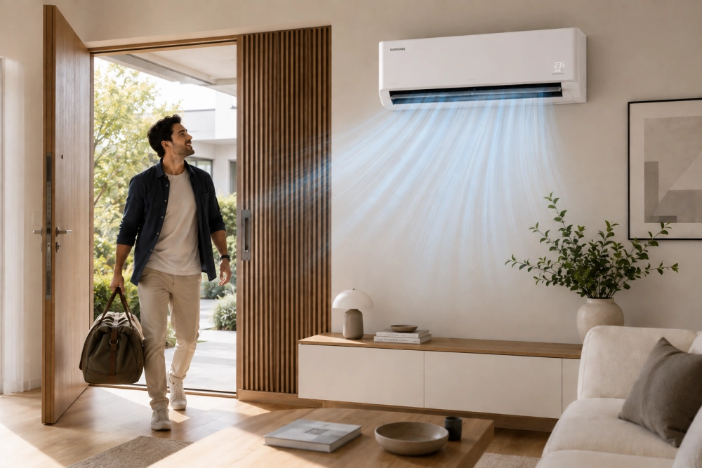 Modern ve ferah bir ev ortamında, elinde bir çanta ile kapıdan içeri giren gülümseyen bir adamın üzerine doğru, duvarda asılı Samsung Bespoke AI WindFree Pro PM duvar tipi klima, odaya hoşgeldin serinliği sunan rüzgarsız serin hava akımıyla ferahlık sağlıyor.