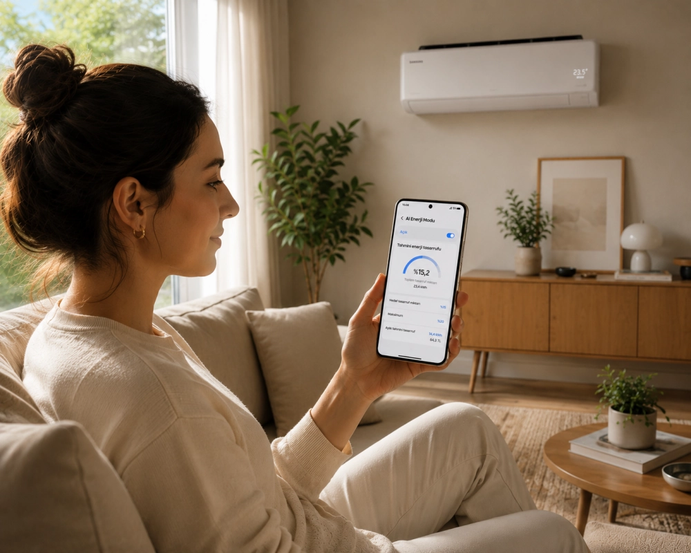 Genç bir kadın, saçları topuz yapılmış şekilde açık renkli bir kanepede oturuyor, parlak aydınlatmalı oturma odası fonunda duvarda 23.5 derece gösteren modern bir Samsung duvar tipi klima görünürken, akıllı telefon ekranındaki yapay zeka Enerji Modu uygulamasında ,2 elektrik tasarrufu detaylarını dikkatle inceliyor.