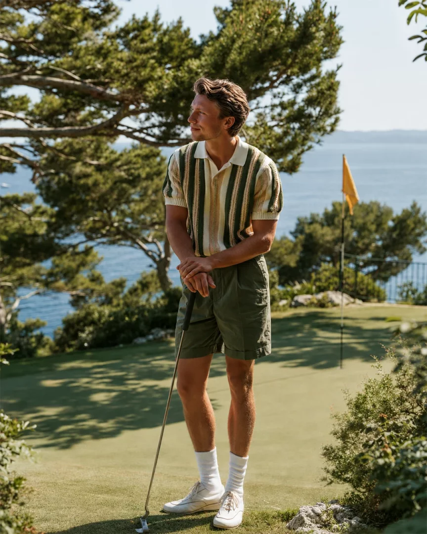 Deniz manzaralı bir golf sahasında, yeşil-bej çizgili triko polo yaka tişört ve şort giymiş genç bir adam, golf sopasına yaslanmış, hafifçe gülümseyerek ufukta bir noktaya bakarken, modern triko kombin stilini sergiliyor.