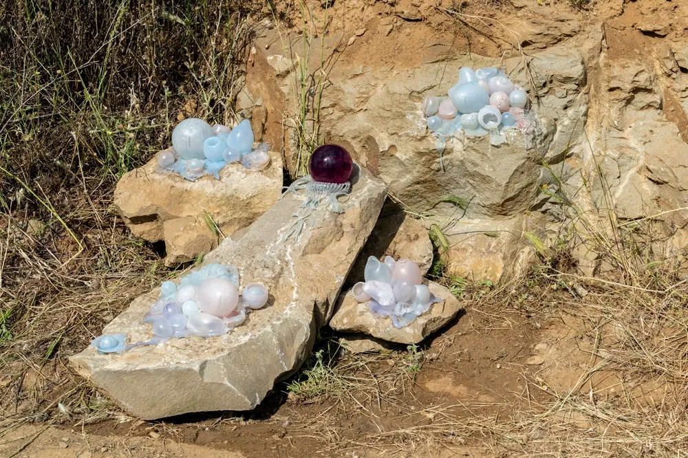 Kayalık bir yamaçta, Temas Bölgesi sergisinin bir parçası olarak, doğal taşların üzerine yerleştirilmiş, açık mavi ve soluk pembe tonlarında, farklı boyutlardaki şeffaf, organik şekilli nesnelerin oluşturduğu dört ayrı küme ile ortada belirgin bir mor kürenin bulunduğu çağdaş bir sanat enstalasyonu betimleniyor.