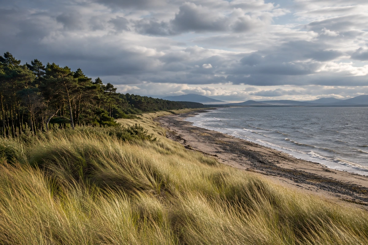 İskoçya'nın Moray Firth kıyılarında, ön planda rüzgarla savrulan altın sarısı uzun otların kapladığı kum tepelerinin hemen arkasında uzanan Culbin Ormanı'nın yemyeşil çam ağaçları, soluk dalgalarla karaya vuran dingin denize paralel giden çakıllı kumsalla birleşirken, bulutlu gökyüzünün altında uzak dağ silüetleri dramatik bir kıyı manzarası sunuyor.