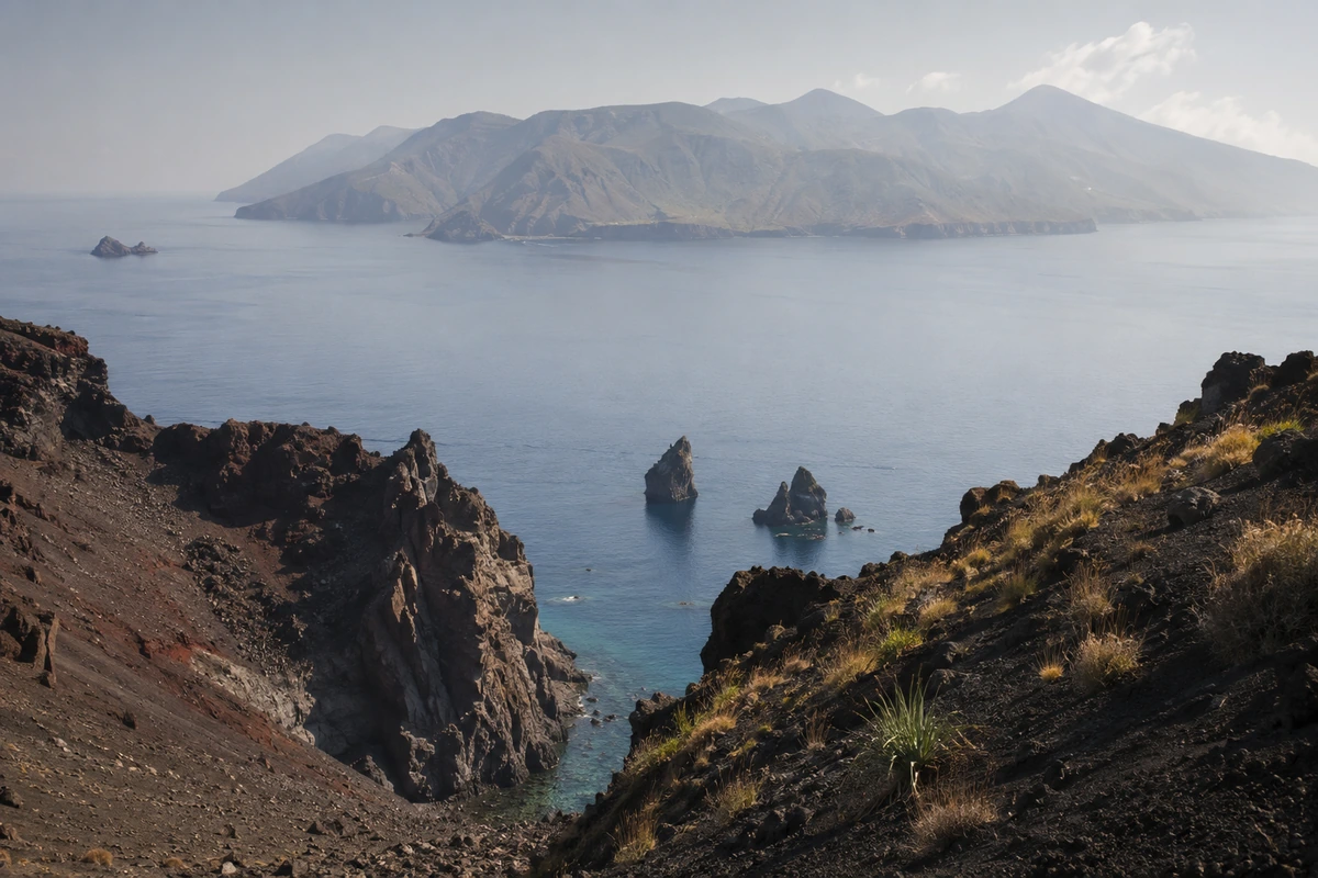 Vulcano Adası'nın koyu renkli, kayalık ve yer yer bitki örtüsüyle kaplı volkanik yamaçlarından aşağıya bakıldığında, denizin berrak turkuaz sularından sarp kaya kuleleri yükselirken, uzakta Eolie Adaları'nın sisli silüetleri belirginleşerek büyüleyici bir volkanik manzara sunuyor.