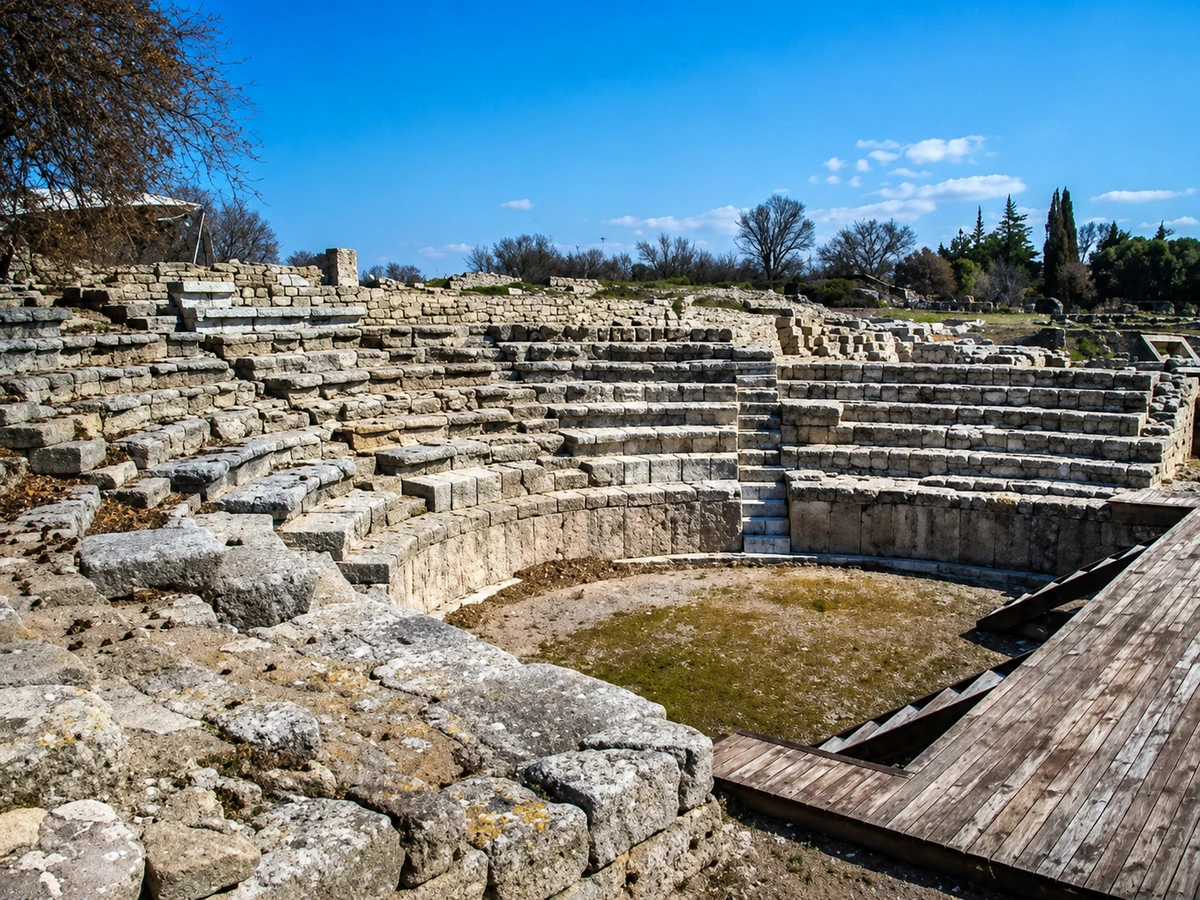 Troya Antik Kenti'nin geniş alanında uzanan, yer yer restore edilmiş veya iyi korunmuş çok sayıda taş oturma sırası ile dairesel sahne alanını ve sağda modern ahşap geçitleri barındıran antik tiyatro kalıntıları, açık ve hafif bulutlu mavi gökyüzü altında tarihi ihtişamını sergiliyor.
