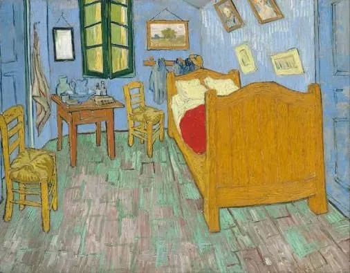 Vincent van Gogh'un Arles'teki yatak odasını tasvir eden ünlü tablosu, mavi duvarları, sarı ahşap yatağı, kırmızı battaniyesi ve yeşil zeminiyle sıcak, sade bir mekanı gösteriyor; iki sandalye, küçük bir masa ve duvarda asılı resimlerle bu şaheser, sanatçının yaşamına dair samimi bir pencere açıyor.