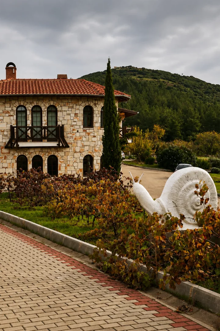 Taş duvarlı, kiremit çatılı Vinifera Vineyards Hotel'in önünde, sonbahar renklerindeki üzüm bağları arasında devasa beyaz bir salyangoz heykeli ve ilerisinde yeşil bir tepeyle bulutlu bir gökyüzü dikkat çekiyor.