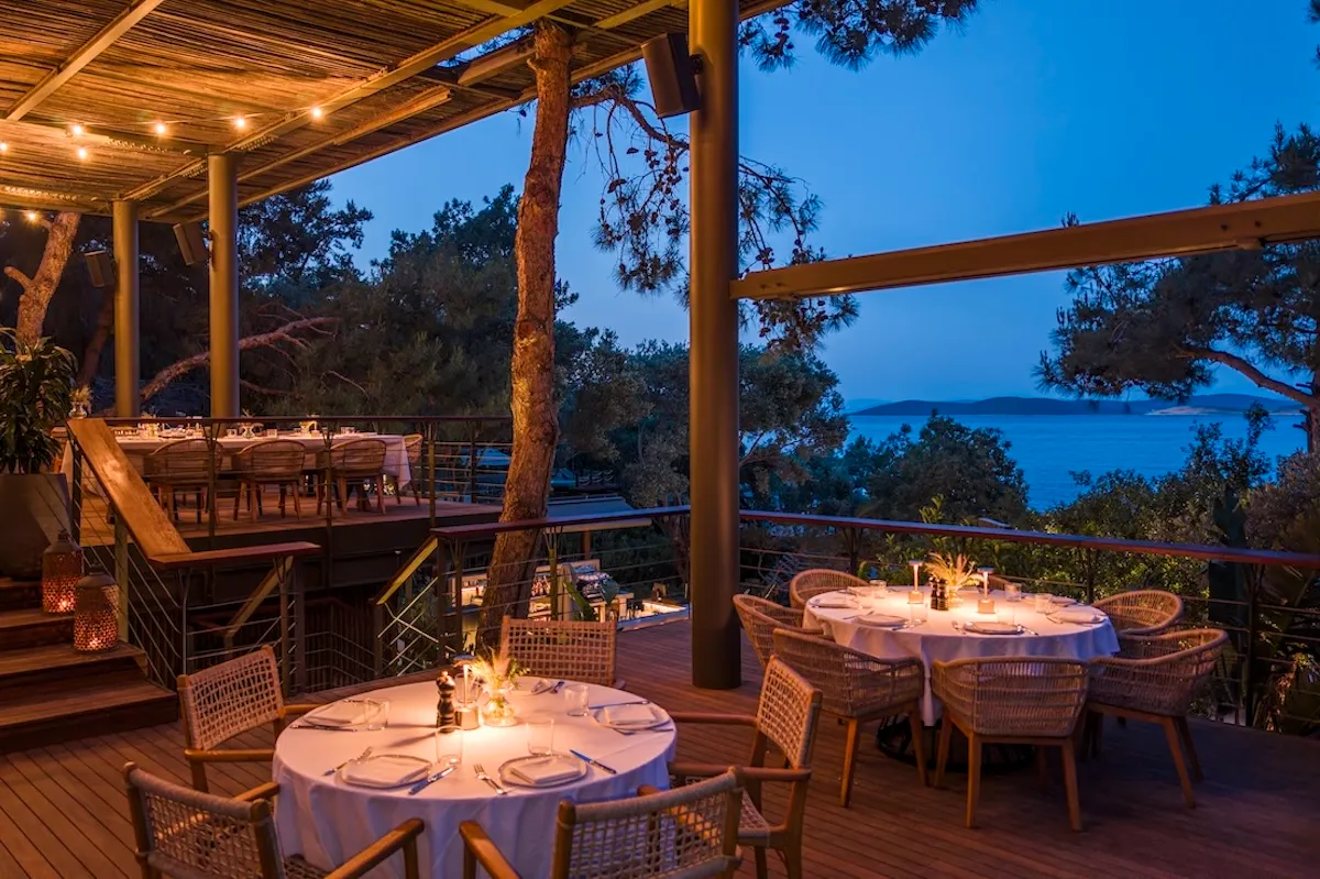 Alacakaranlıkta Bodrum Demirbükü'ndeki WAM restoranının yemyeşil çam ağaçları ve denizin kucakladığı çok katlı ahşap terasında, zarifçe düzenlenmiş yuvarlak masalar, WAM’ın dingin ve özgün Akdenizli yaşam anlayışını vurgulayarak kâfi bir tatil deneyimi vaat ediyor.