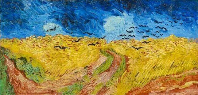 Van Gogh'un Buğday Tarlası ve Kargalar tablosunda, fırtınalı koyu mavi bir gökyüzünün altında uzanan geniş buğday tarlasında, ufka doğru ilerleyen üç toprak yol boyunca uçuşan siyah kargalar ve sanatçının yoğun duygularını yansıtan dramatik fırça darbeleriyle oluşturulan derin bir manzara tasvir edilmiştir.