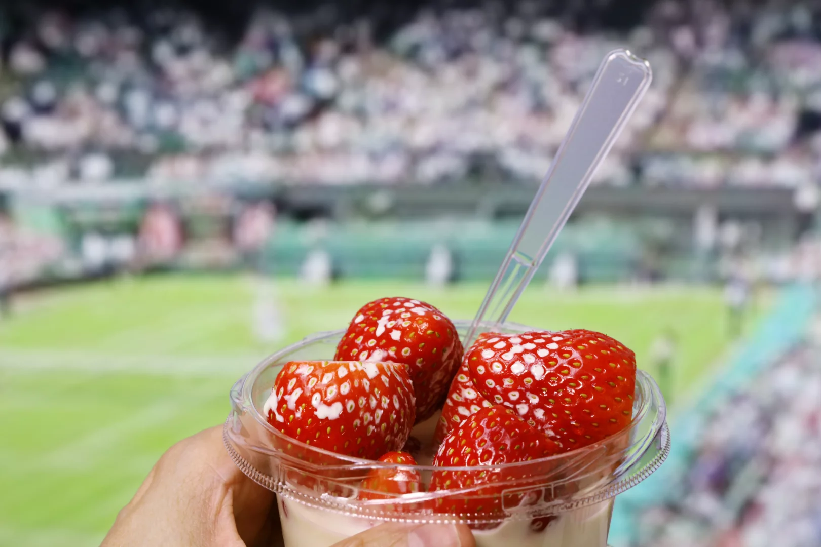 Wimbledon tenis turnuvası atmosferinde, taze çilek ve krema dolu şeffaf bir kabın bir el tarafından plastik kaşıkla tutulduğu, arka planda bulanıkça seçilen yeşil çim kort ve coşkulu tribünlerin İngiliz yazının bu zarif ritüelini kutladığı anı gösteren yakın bir çekim.