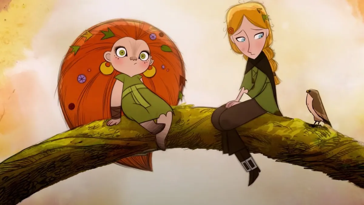Wolfwalkers animasyon filminden iki karakter, gür yeşil dallarla kaplı bir ağaç dalında oturuyor: sol tarafta vahşi kızıl saçlı, yeşil elbiseli Mebh merakla bakarken, sağ tarafta sarı örgülü saçlı, düşünceli Robyn yanında küçük bir kuşla oturuyor.