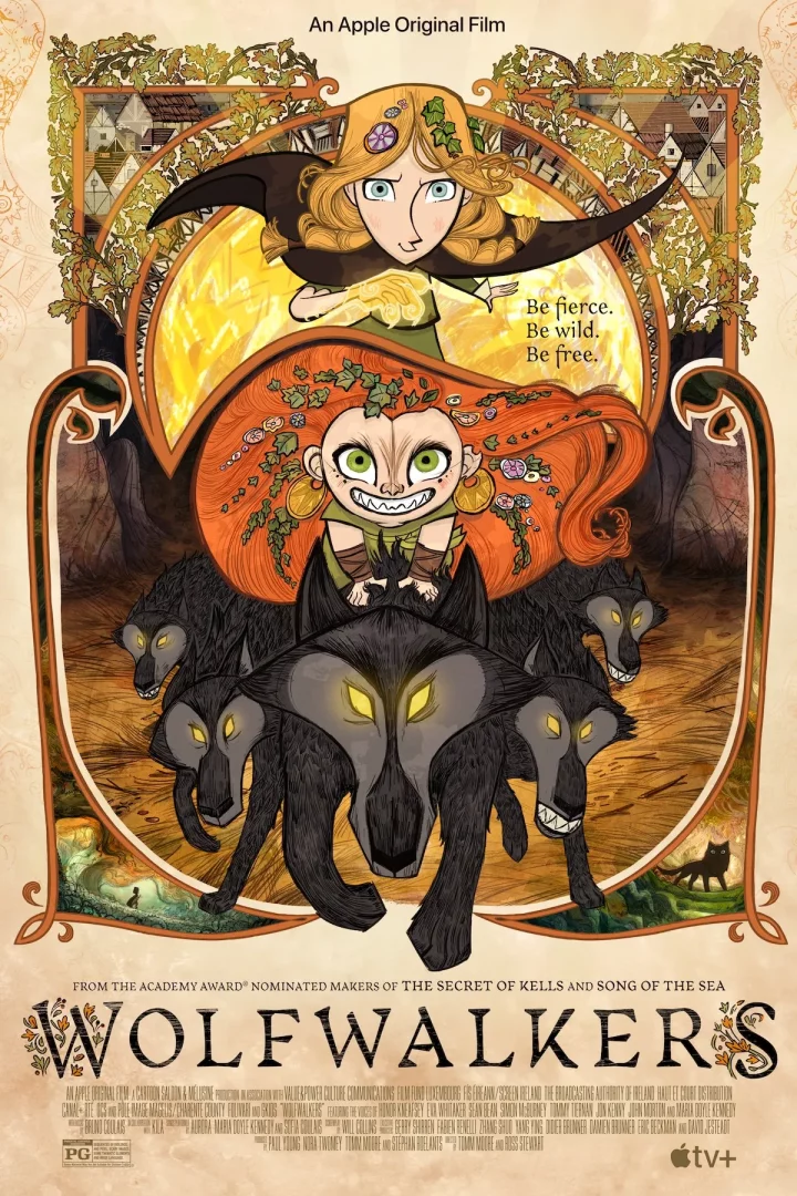 Wolfwalkers filminin göz alıcı afişi, Art Nouveau esintili süslemelerle çevrili, üstte sihirli bir ışıltıya sahip sarı saçlı ve kararlı bir kız çocuğu, altta ise parlak gözlü siyah kurtların üzerinde vahşi bir şekilde duran kızıl saçlı başka bir çocuğu betimliyor.