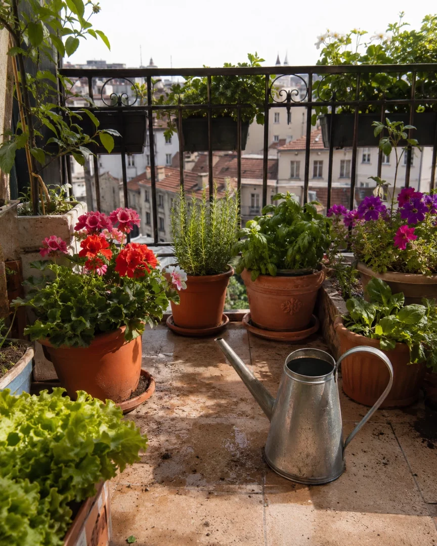 Yazın bitki bakımı için, şehir manzaralı bir balkonda çeşitli çiçekler ve yeşilliklerle dolu saksıların arasında duran metal sulama kabı, balkon saksılarında doğru sulamanın önemini vurguluyor.