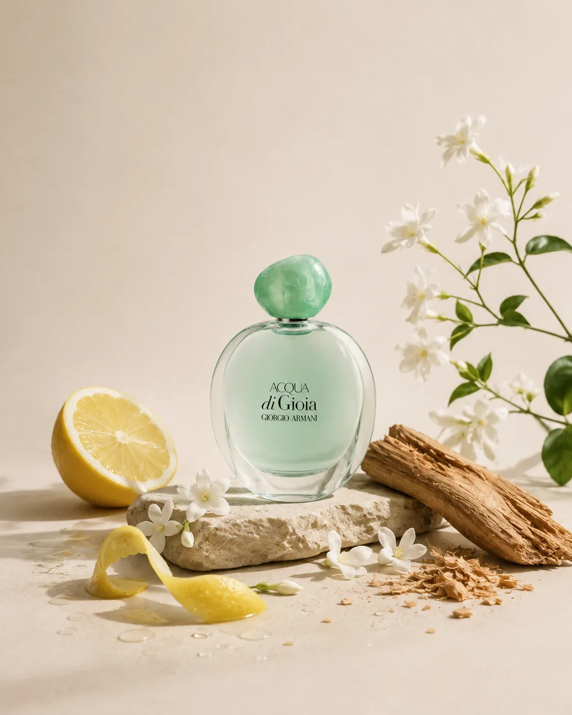 Açık yeşil renkli, Acqua di Gioia yazlık kadın parfümü şişesi, yarım limon, limon kabukları, yasemin çiçekleri ve ahşap parçalarıyla birlikte doğal bir kaya üzerinde sergilenerek ferahlatıcı yaz ruhunu yansıtıyor.