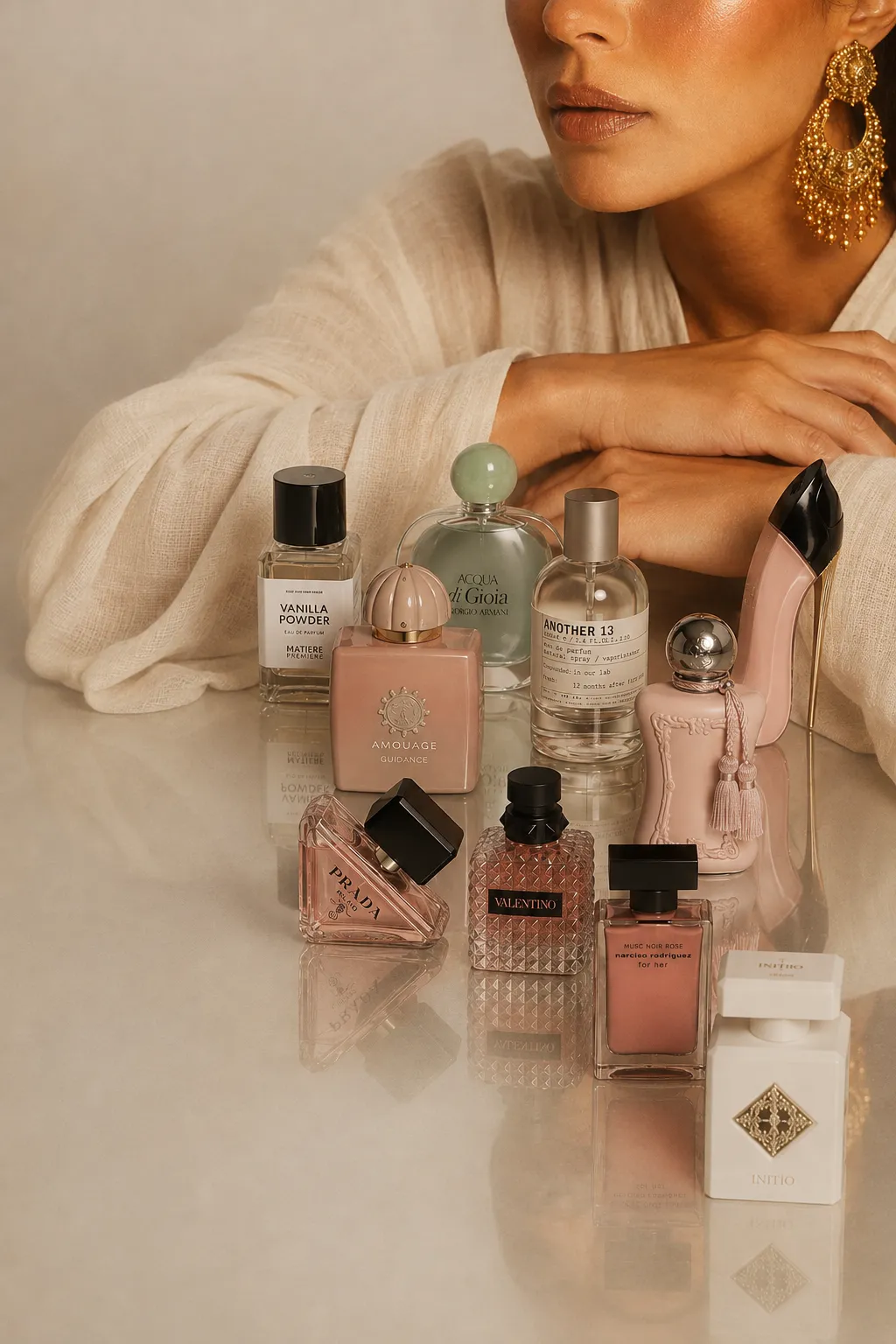 Yansıtıcı bir yüzey üzerinde zarifçe sıralanmış, farklı şekil ve boyutlardaki Prada, Valentino, Amouage gibi markalara ait birçok yazlık kadın parfümü şişesi, arka planda altın küpeler takan şık bir kadının omzu ve yüzünün bir kısmıyla birlikte gösteriliyor.