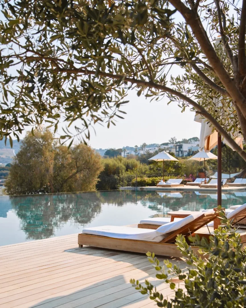 Lüks bir tatil vaat eden, ahşap döşemeli bir sonsuzluk havuzunun kenarında, zeytin ağacının yaprakları arasından süzülen güneşin altında dinlenmeye hazır, bembeyaz şezlongların ve yemyeşil doğanın iç içe geçtiği huzurlu bir köşe.
