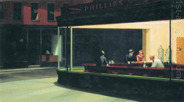 Edward Hopper'ın ünlü Nighthawks tablosu, gecenin karanlığında parlayan bir kafede kavisli tezgaha oturmuş dört figürü gösterirken, dışarıdaki ıssız sokaklar ve sonbahar akşamlarının dingin atmosferi, makalenin genel ruhunu yansıtan bir görsel sunuyor.