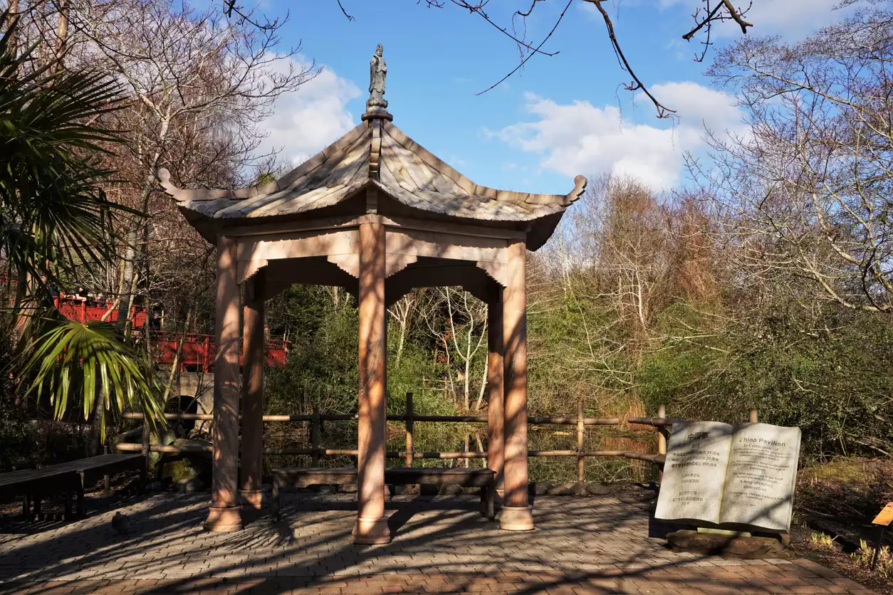 Edinburgh Kraliyet Botanik Bahçesi'ndeki Çin pavyonu, yemyeşil bitki örtüsü ve çıplak ağaçlarla çevrili, tepesinde bir heykeli olan kiremit çatılı, dört sütunlu, geleneksel Asya tarzı bir yapıdır ve ön planda açık kitap şeklinde bir taş bilgi panosu yer almaktadır.