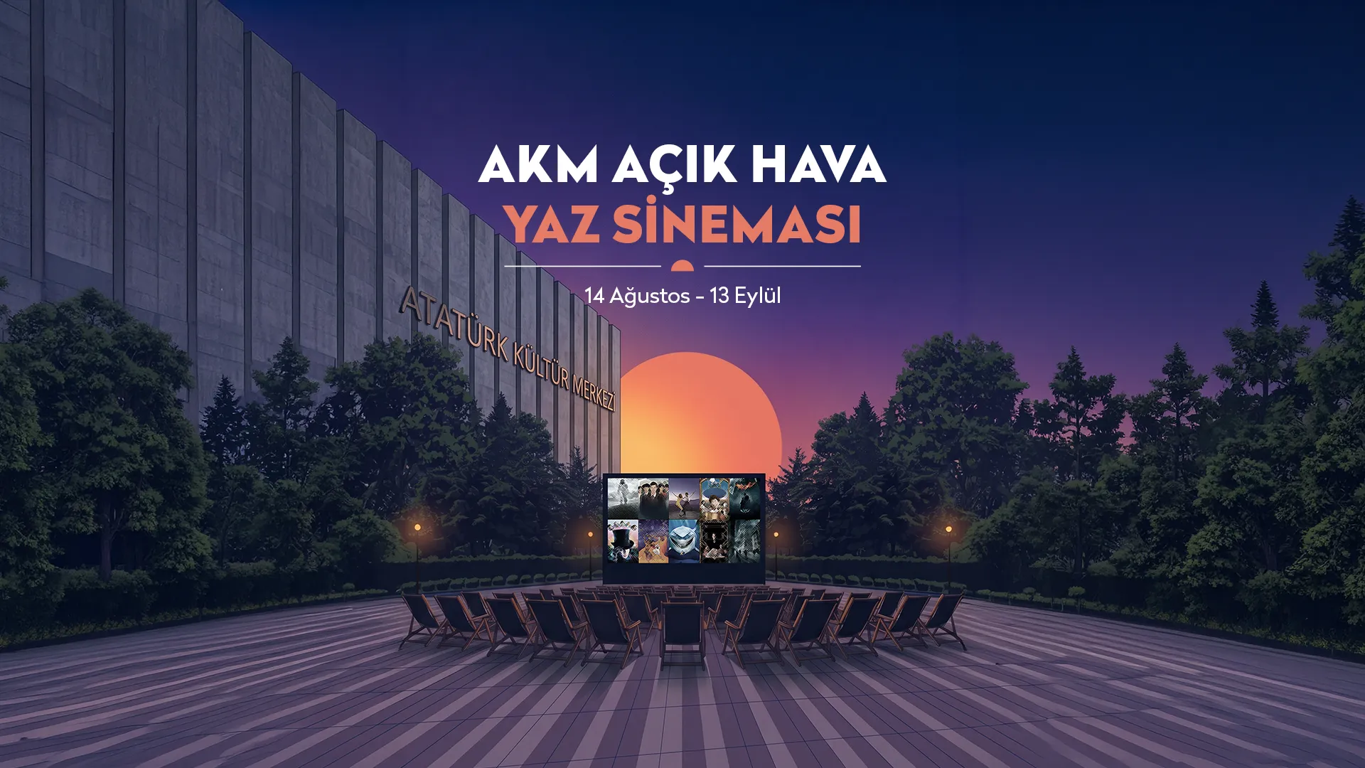 Atatürk Kültür Merkezi'nin önünde, mor-mavi bir akşam göğünde batan dev turuncu güneşin aydınlattığı geniş bir alanda, filmlerin sergilendiği büyük bir ekranın karşısına yarım daire şeklinde sıralanmış boş şezlonglar, AKM Açık Hava Yaz Sineması etkinliğini ve 14 Ağustos - 13 Eylül tarihlerini duyuruyor.