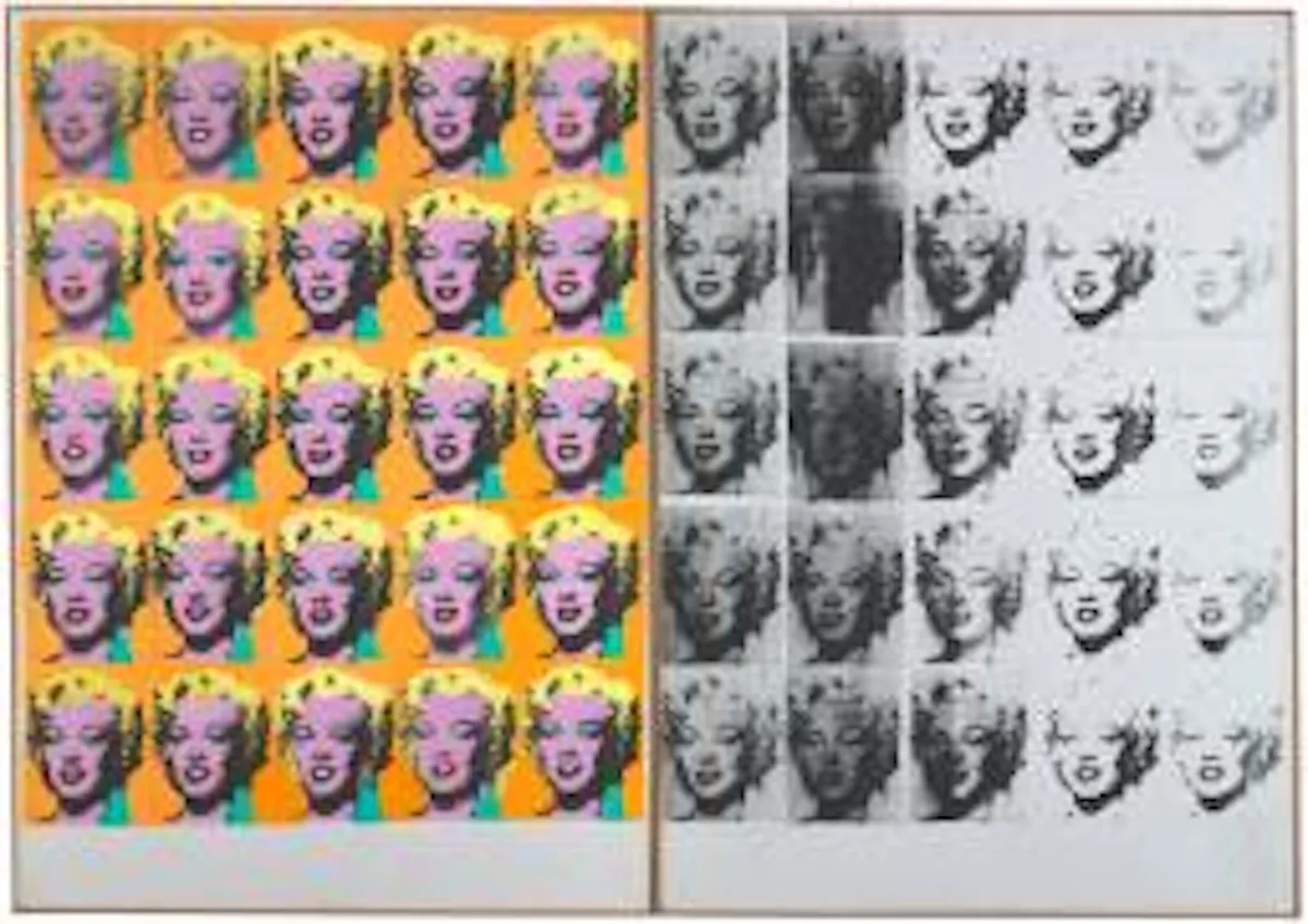 Andy Warhol'un Marilyn Diptych adlı eserinde, sol panelde canlı turuncu bir arka plan üzerinde pembe ve sarı tonlarında 25 adet ikonik Marilyn Monroe portresi sıralanırken, sağ panelde ise beyaz bir arka plan üzerinde giderek solan ve karararak kaybolan aynı 25 adet siyah beyaz Marilyn Monroe görüntüsü yer alıyor.