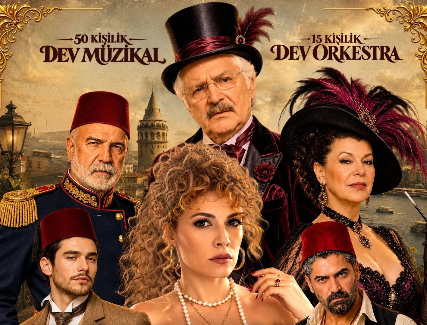 Bir Şehnaz Oyun müzikali posteri, şık kostümler içinde çeşitli karakterleri ve arka planda Galata Kulesi ile İstanbul manzarasını gösteriyor; başrolde yer alan kadın figürünün ön planda olduğu bu kalabalık kadro, gösterinin dönem atmosferini yansıtıyor.