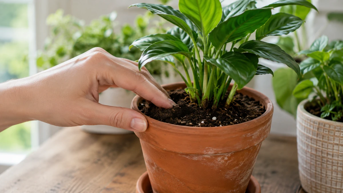 Saksıdaki sağlıklı yeşil yapraklı bitkinin toprağının nem seviyesini parmağıyla kontrol eden bir el, sulama kararı vermeden önce toprağın derinliğini anlamanın önemini vurguluyor; bu adım, Bitkilerde Yaprak Sararması gibi yaygın sorunların teşhisinde kritik bir başlangıç noktasıdır.