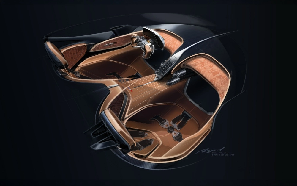 Bugatti Derstrier hiper otomobilin fütüristik iç mekan tasarımı konsept çizimi, kahverengi dokulu deriyi andıran malzemeler, koyu gri ve metalik detaylarla çevrili modern bir direksiyon, düğmeli orta konsol ve spor koltukları gözler önüne seriyor.