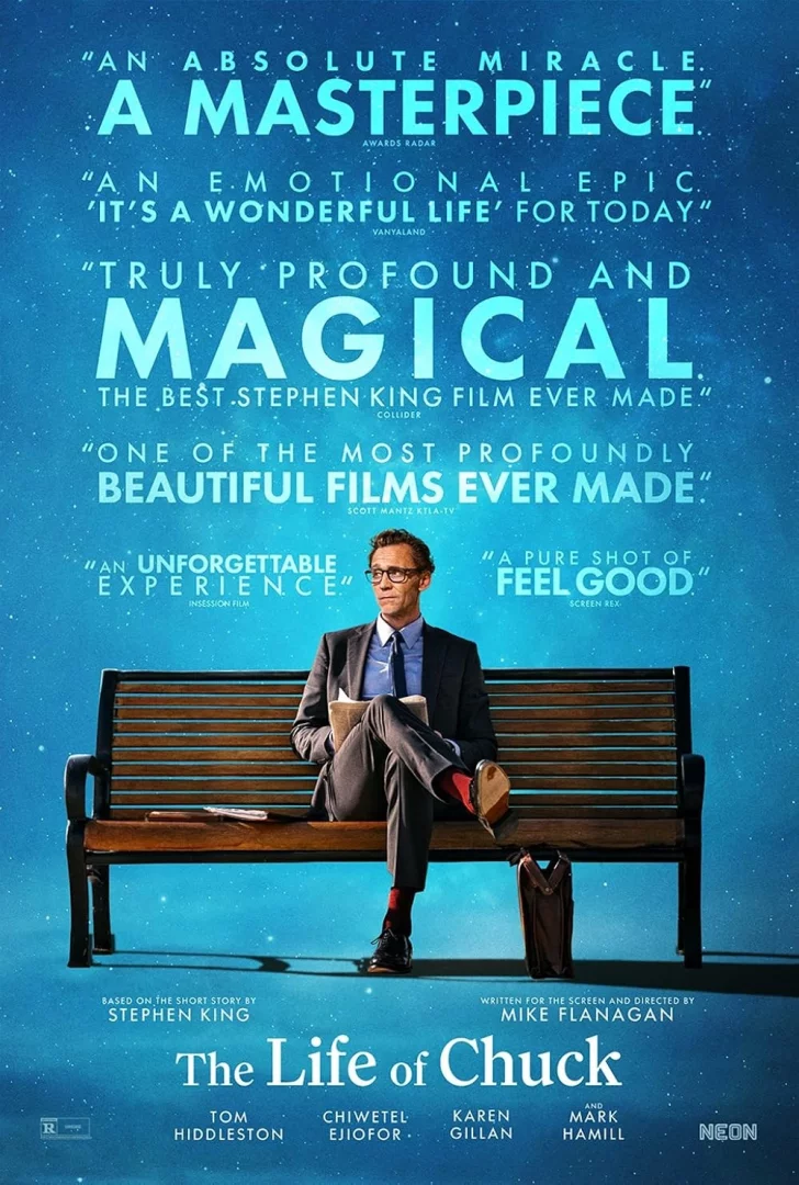Chuck'ın Hayatı film afişinde, gözlüklü, koyu renk takım elbiseli, kırmızı çoraplı bir adam, yıldızlarla bezenmiş masmavi bir gökyüzü önünde ahşap bir bankta oturmuş, elindeki kitaba düşünceli bakışlarla dalmış; posterde yer alan mutlak bir mucize ve büyülü gibi eleştiri sözleri, bu filmin ele alınan konular bağlamında dikkat çekiciliğini vurguluyor.