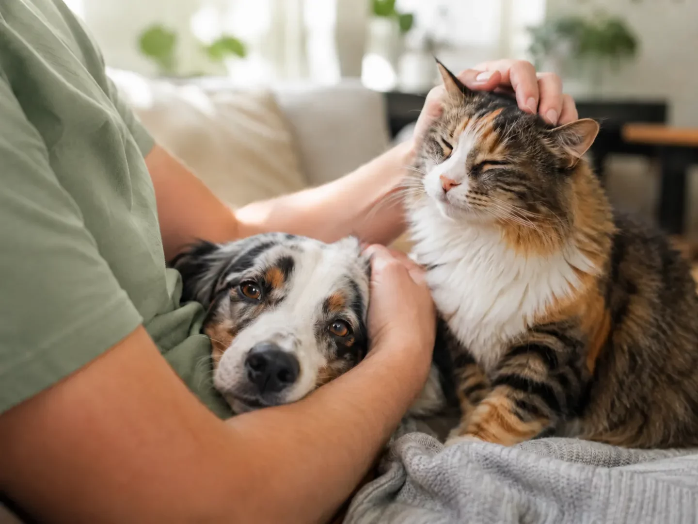 Yeşil tişörtlü bir kişinin kucağında uzanan, merle desenli kürkü ve kahverengi gözleriyle dikkat çeken sakin bir köpek ile başı okşandıkça gözlerini kapatıp mırıldanan çizgili bir kedi, çok hayvanlı evdeki huzurlu ve sevgi dolu anı yansıtıyor.
