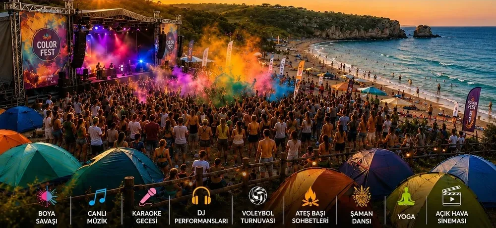 Gün batımında, sahilde kurulmuş bir kamp alanında renkli çadırlar, kalabalık bir müzik festivali sahnesi önünde coşkuyla dans eden insanlar ve havaya saçılan renkli toz bulutları ile Color Fest'in canlı atmosferi görülüyor.