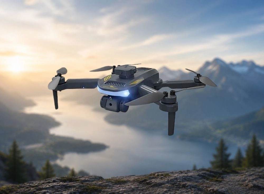 Dağlık ve ormanlık bir vadinin üzerinde uçan gri Corby CX30 hobi drone, altındaki kamerası ve parlak ön ışığıyla gün batımının yumuşak renkleri altında net 720p video çekmek için hazır, kayalık bir zeminden havalanmış.