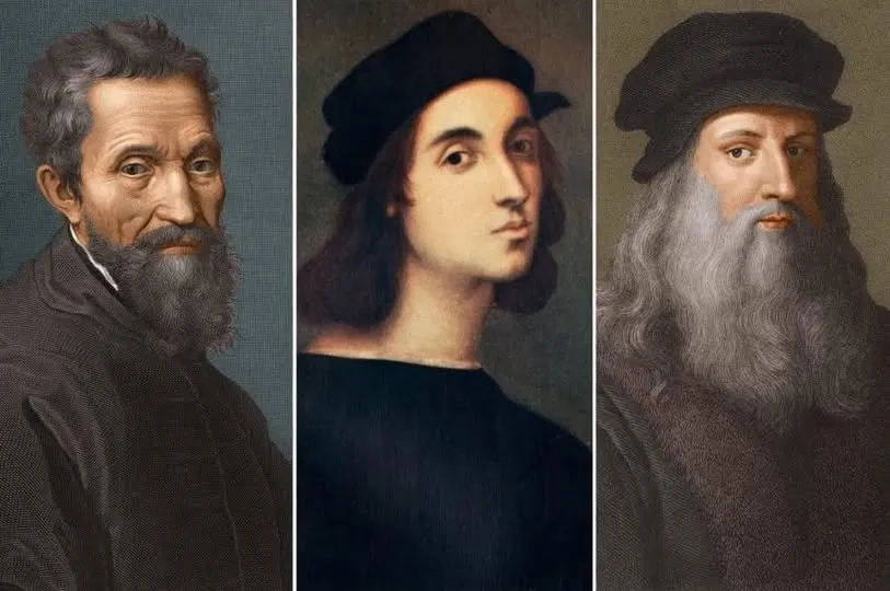 Rönesans'ın önde gelen sanatçıları Michelangelo, Raffaello ve Leonardo da Vinci'nin yer aldığı bu üçlü portrede, solda koyu renk giysisiyle gri sakallı Michelangelo, ortada koyu renk şapkalı ve uzun koyu saçlı genç Raffaello ve sağda uzun beyaz sakallı, koyu renk kürk yakalı giysisiyle Leonardo da Vinci yan yana resmedilmiş.