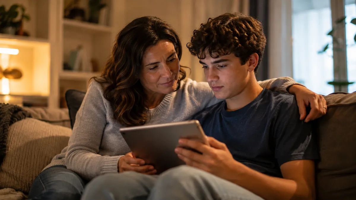 Loş ışıklı bir ev ortamında, kanepede oturan ve annesinin kolu omzunda olan bir ergen, birlikte baktıkları tablet aracılığıyla ekran rehberliği alırken, ebeveyn desteğinin teknoloji kullanımı üzerindeki olumlu etkisini yansıtıyor.