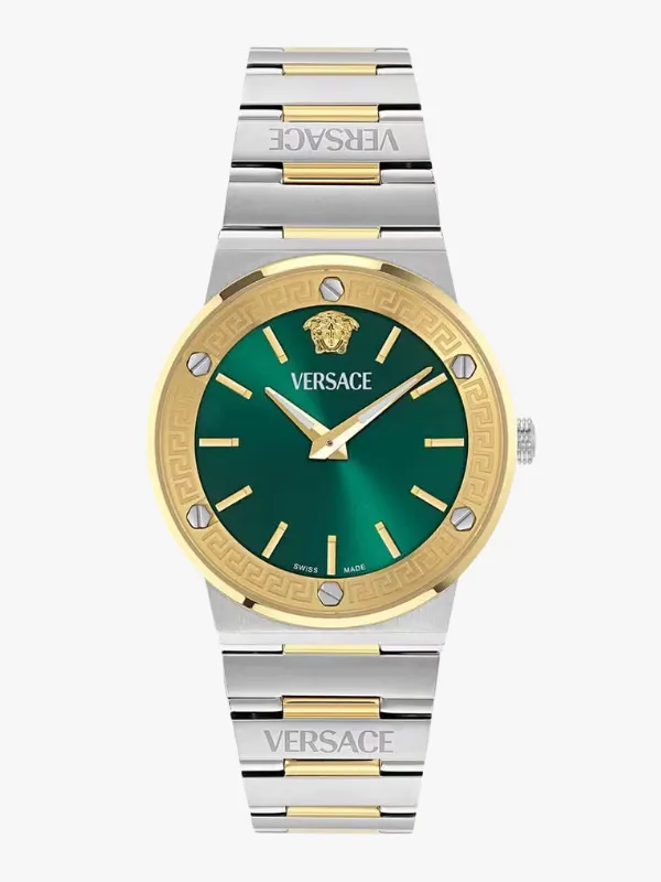 Gelin damat saatleri koleksiyonu için ideal, yeşil kadranı, altın rengi Medusa amblemi ve Yunan anahtarı desenli bezel detayıyla göz alıcı, gümüş ve altın renkli metal bilezikli Versace marka şık bir kol saati.