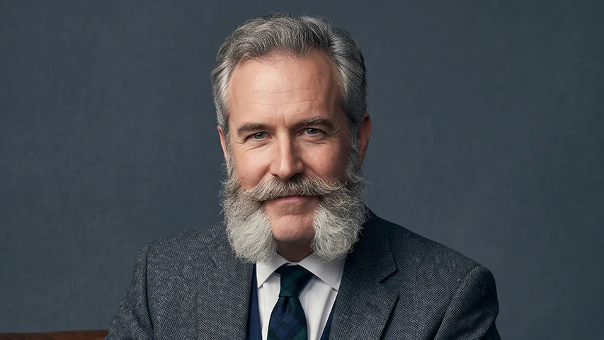 Kameraya hafifçe gülümseyen, gümüş rengi saçları ve mutton chops stilindeki geniş, gür favorileriyle öne çıkan, gri blazer ceket giymiş ve koyu renk kareli kravat takmış orta yaşlı bir adam.