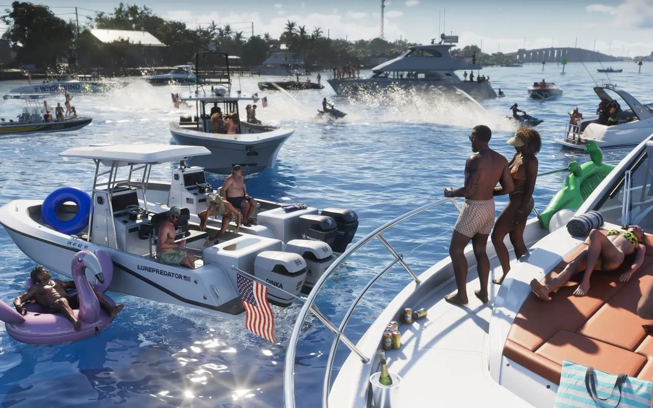 GTA 6 oyununun geniş harita boyutu ve detaylı dünyasını yansıtan bu güneşli Vice City sahnesinde, lüks yatlar, sürat tekneleri ve jet skilerle dolu kalabalık sular arasında yüzen ve eğlenen insanlar, oyunun sunduğu dinamik ortamı gözler önüne seriyor.