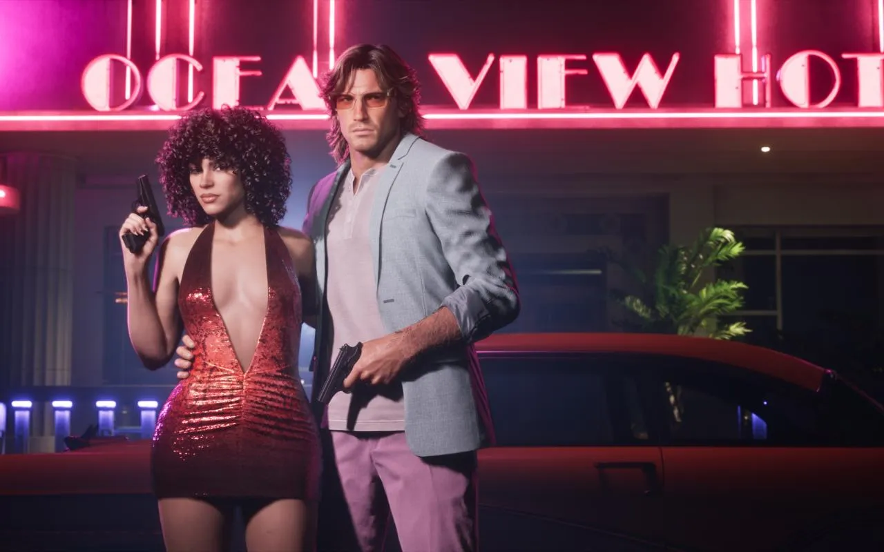 Ana karakterler Lucia ve Jason, 80'ler tarzı neon ışıklı Ocean View Hotel'in önünde, Lucia parlak kırmızı mini elbisesiyle bir tabanca tutarken, Jason açık renk ceketi ve pembe pantolonuyla onu belinden sarıp diğer elinde tabancayla Grand Theft Auto 6'nın Vice City'deki suç dolu dünyasına hazır poz veriyor.