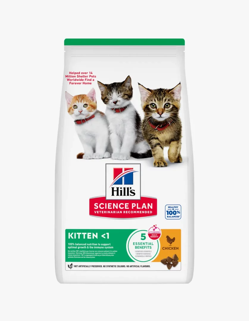 Hill's Science Plan Kitten <1 yaş altı kediler için formüle edilmiş tavuklu kuru mama paketi, üzerinde kırmızı tasmalı üç sevimli yavru kedinin fotoğrafı, markanın veteriner hekimlerce önerildiğini belirten logosu ve optimal büyüme ile bağışıklık sistemini destekleyen faydaları vurgulayan detaylarla beyaz bir arka plan üzerinde dikkat çekiyor.