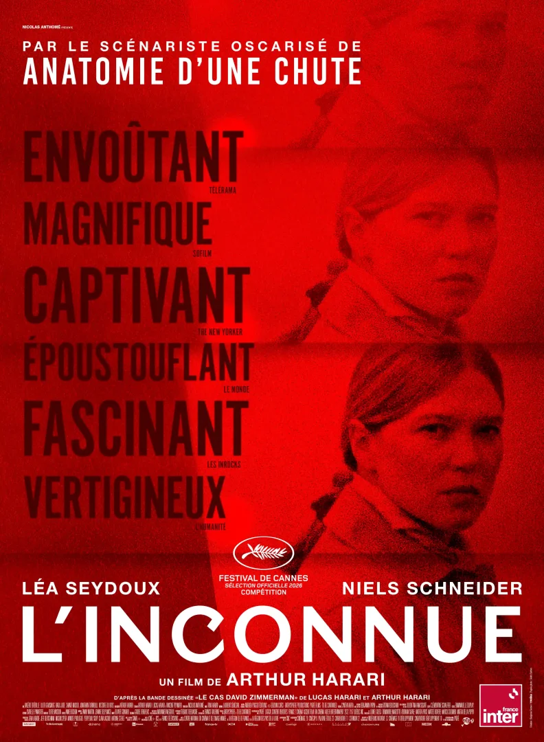 Kırmızı ve beyaz tonların ağırlıklı olduğu, Léa Seydoux'nun düşünceli yüzünün tekrarlayan görüntüleriyle dikkat çeken L'Inconnue / İçimdeki Yabancı filminin Cannes Film Festivali resmi seçkisi afişi, psikolojik gerilim ve yükseklik korkusu temalarını vurgulayan Fransızca övgülerle dolu bir tasarıma sahip.
