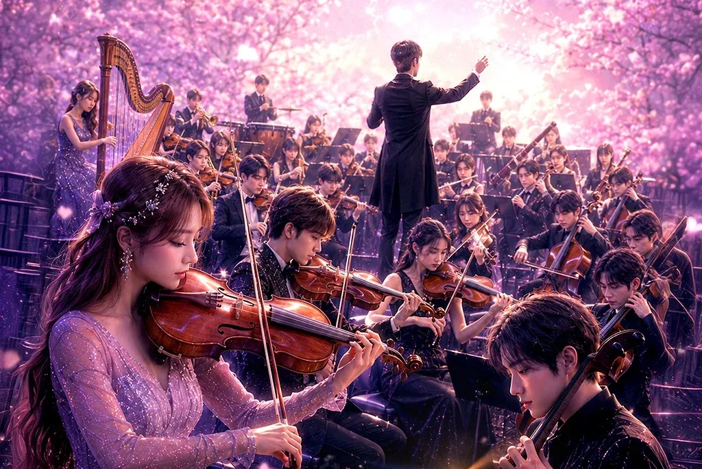 Mor ve pembe tonlarındaki çiçek açmış ağaçların süslediği büyülü bir dış mekan ortamında, bir orkestra şefinin yönetimindeki kalabalık senfonik orkestrada parıldayan kıyafetler giymiş genç K-Pop tarzı müzisyenler keman ve çello çalarken görkemli bir K-Pop senfoni performansı sergiliyor.