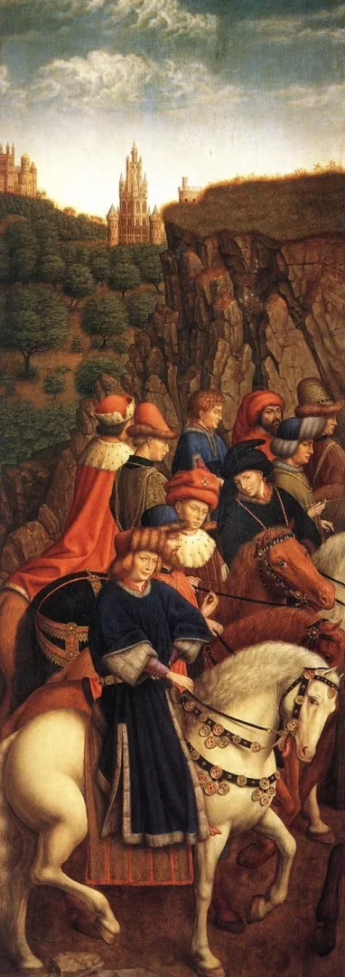 Jan van Eyck'in ünlü kayıp eseri Adil Yargıçlar panelinde, yüksek bir şato ve kayalık tepelerin önünden, farklı renklerde giysiler ve gösterişli şapkalar giymiş asilzade figürleri at sırtında vakur bir geçit töreninde ilerliyor.
