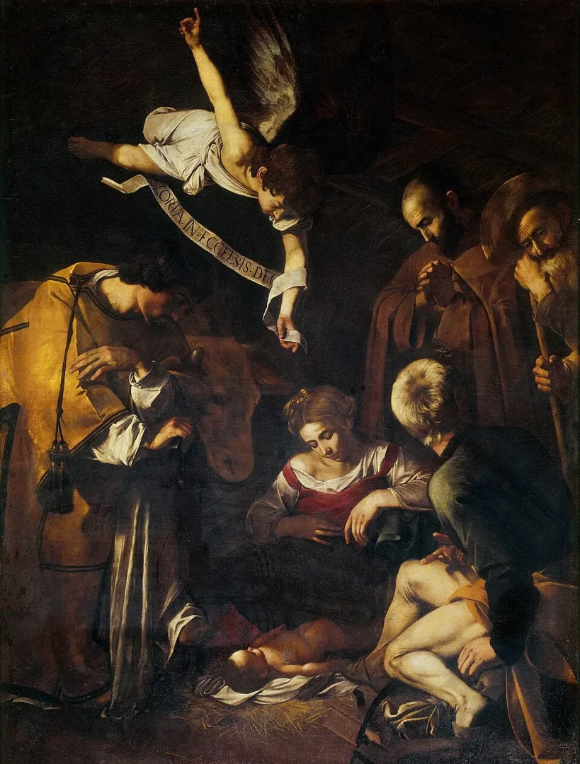Caravaggio'nun Doğuş adlı, ışık ve gölge oyunlarıyla dikkat çeken, merkezinde beşik içinde yatan bebek İsa'nın, etrafında Meryem, Yusuf ve diğer figürlerin toplandığı, yukarıda bir meleğin pankart taşıdığı bu kayıp eseri, Barok sanatının derinliğini yansıtır.